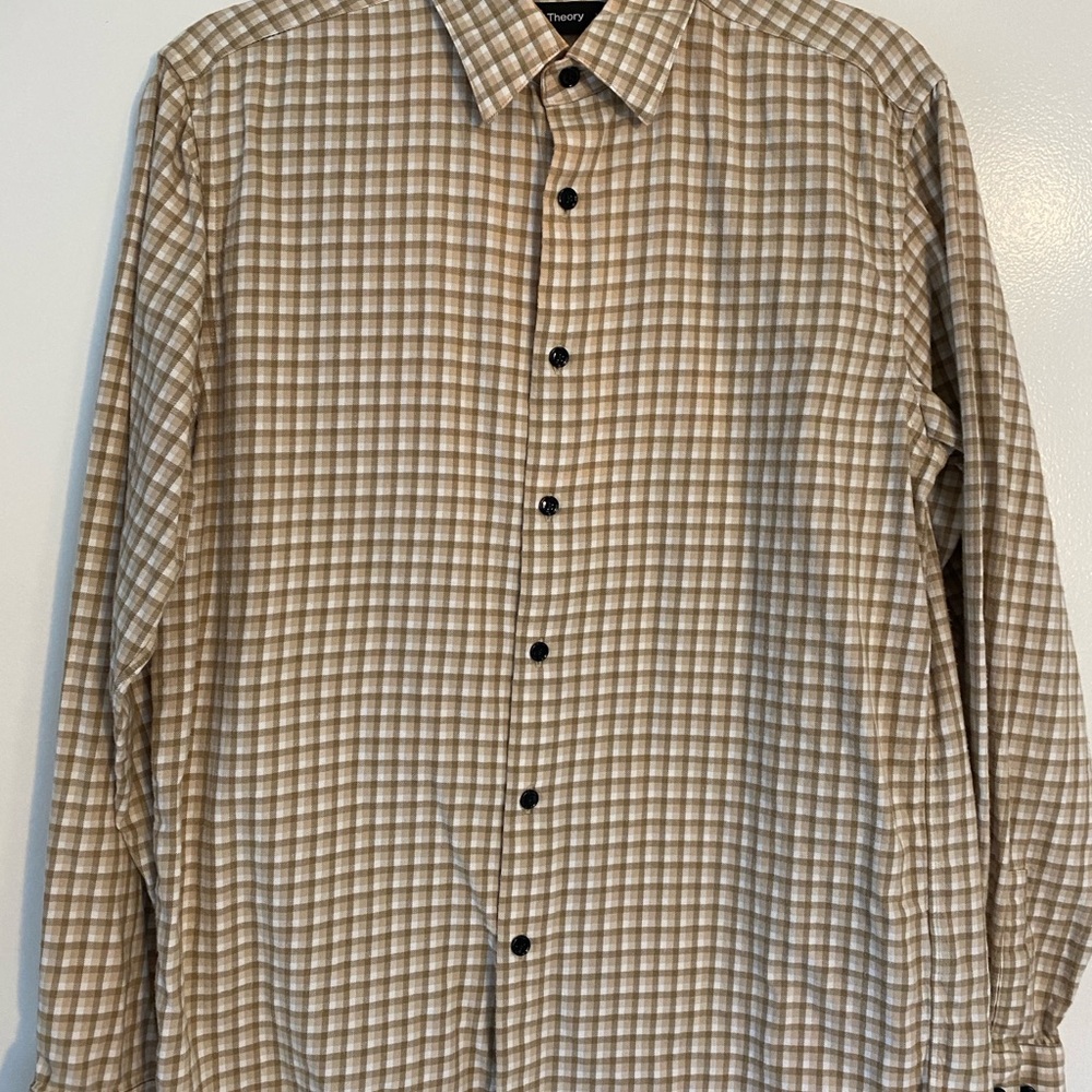 Theory Tan Casual Button Down Shirt with Checkered Pattern